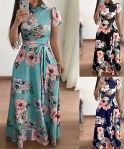 women's spring Summer Casual loose short sleeve lace up elegant floral maxi dress