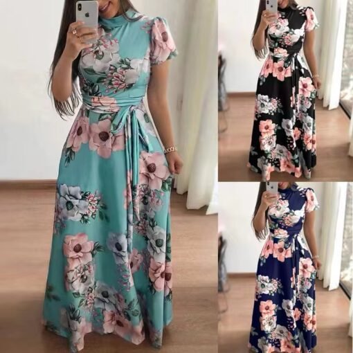 women's spring Summer Casual loose short sleeve lace up elegant floral maxi dress