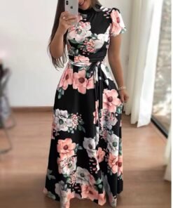 women's spring Summer Casual loose short sleeve lace up elegant floral maxi dress