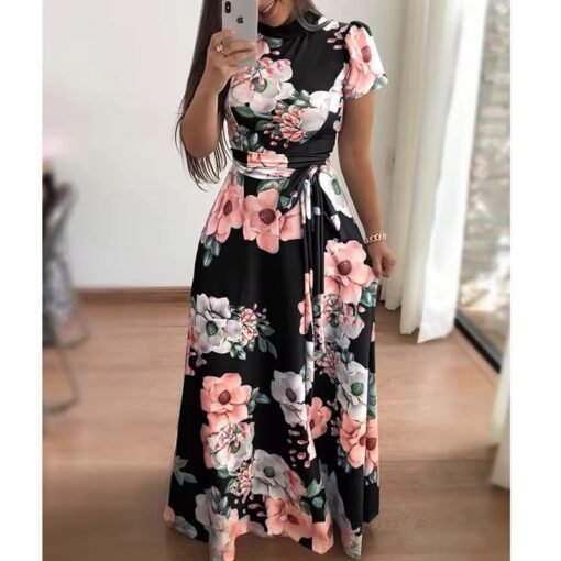 women's spring Summer Casual loose short sleeve lace up elegant floral maxi dress