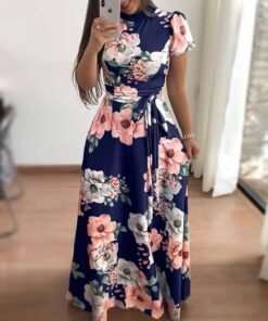 women's spring Summer Casual loose short sleeve lace up elegant floral maxi dress