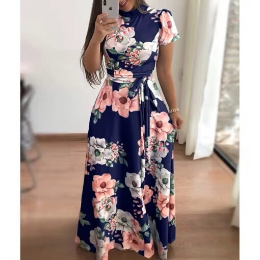 women's spring Summer Casual loose short sleeve lace up elegant floral maxi dress