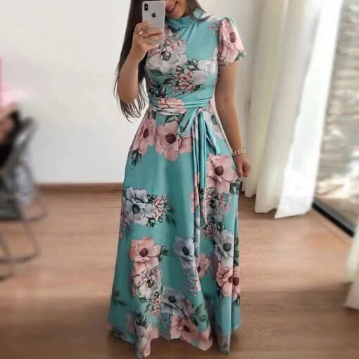 women's spring Summer Casual loose short sleeve lace up elegant floral maxi dress