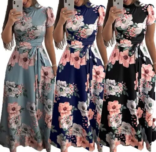 women's spring Summer Casual loose short sleeve lace up elegant floral maxi dress