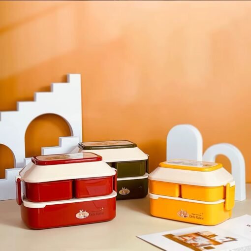Portable Bento Box Double Layer Plastic Food Container Cartoon Lunch Box for Kids Students