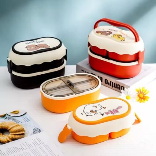 Portable Bento Box Double Layer Plastic Food Container Cartoon Lunch Box for Kids Students