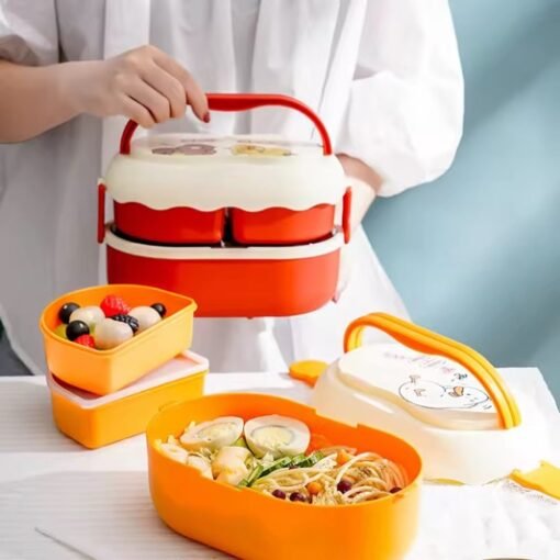 Portable Bento Box Double Layer Plastic Food Container Cartoon Lunch Box for Kids Students