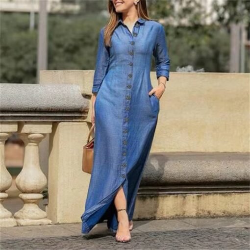 New Women Denim Shirt Dress Button Up Pocketed Maxi Dress Plus Size Up To 5XL Female Casual Solid Long Dresses