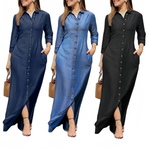 New Women Denim Shirt Dress Button Up Pocketed Maxi Dress Plus Size Up To 5XL Female Casual Solid Long Dresses