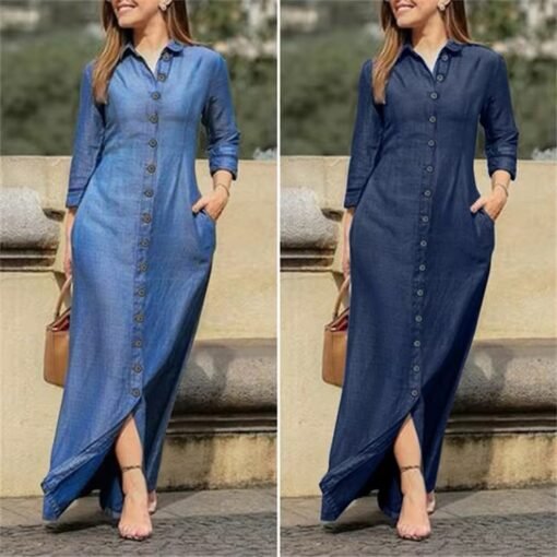 New Women Denim Shirt Dress Button Up Pocketed Maxi Dress Plus Size Up To 5XL Female Casual Solid Long Dresses