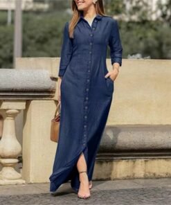 New Women Denim Shirt Dress Button Up Pocketed Maxi Dress Plus Size Up To 5XL Female Casual Solid Long Dresses
