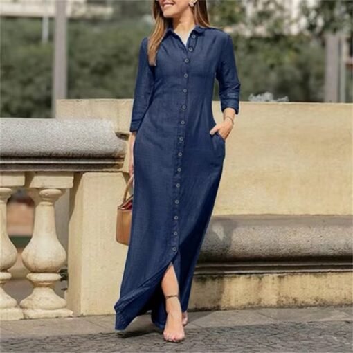 New Women Denim Shirt Dress Button Up Pocketed Maxi Dress Plus Size Up To 5XL Female Casual Solid Long Dresses