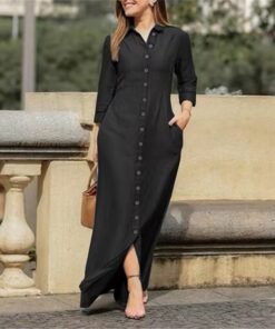 New Women Denim Shirt Dress Button Up Pocketed Maxi Dress Plus Size Up To 5XL Female Casual Solid Long Dresses