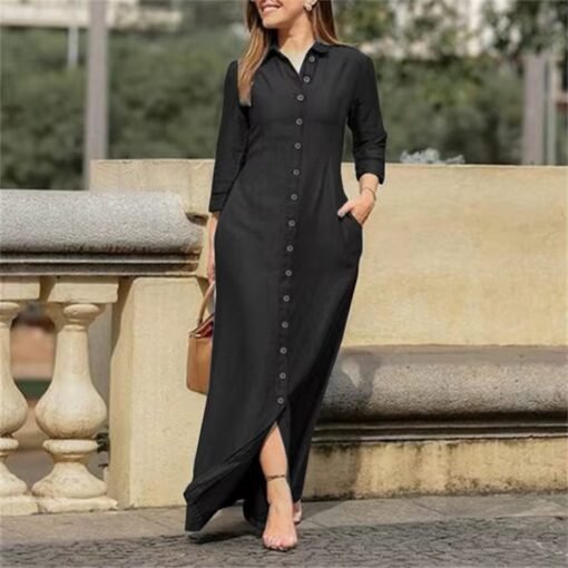 New Women Denim Shirt Dress Button Up Pocketed Maxi Dress Plus Size Up To 5XL Female Casual Solid Long Dresses