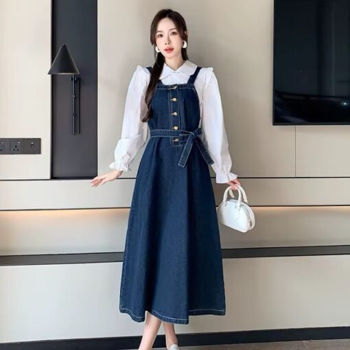 Casual Button Dress OEM Vintage Slash Neck Sleeveless Midi Denim Dresses For Women Ladies
