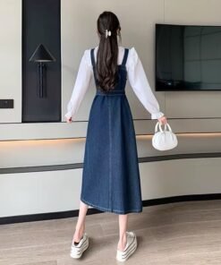 Casual Button Dress OEM Vintage Slash Neck Sleeveless Midi Denim Dresses For Women Ladies