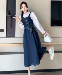 Casual Button Dress OEM Vintage Slash Neck Sleeveless Midi Denim Dresses For Women Ladies