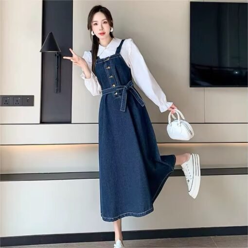 Casual Button Dress OEM Vintage Slash Neck Sleeveless Midi Denim Dresses For Women Ladies