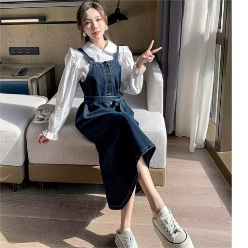 Casual Button Dress OEM Vintage Slash Neck Sleeveless Midi Denim Dresses For Women Ladies