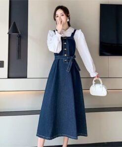 Casual Button Dress OEM Vintage Slash Neck Sleeveless Midi Denim Dresses For Women Ladies
