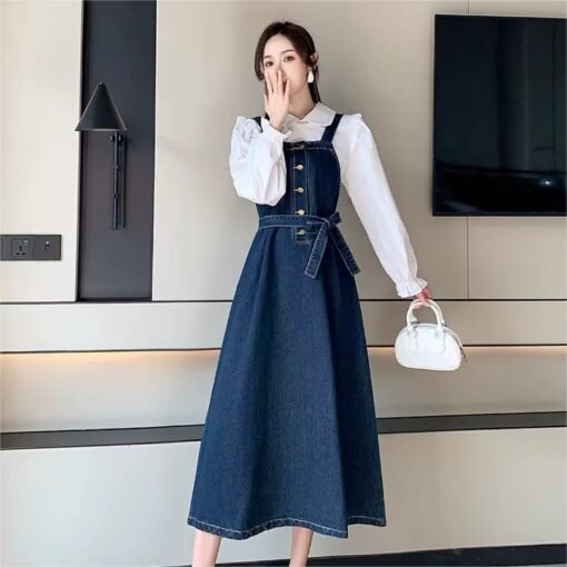 Casual Button Dress OEM Vintage Slash Neck Sleeveless Midi Denim Dresses For Women Ladies
