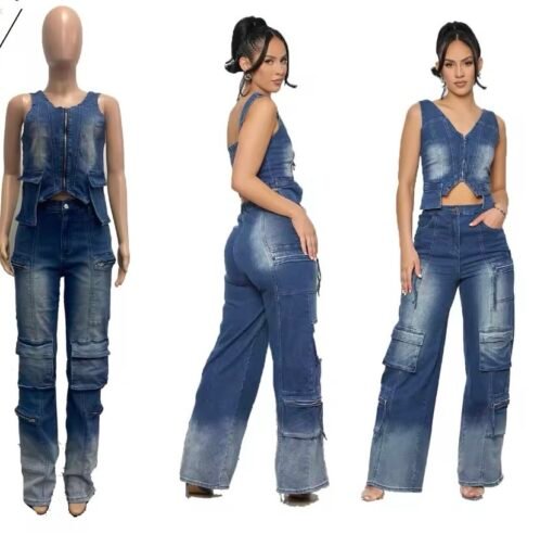 Denim Wide Leg Pants Two Piece Sets Fall Women V Neck Zipper Irregular Stretchy Tank Top And Pants Outfits