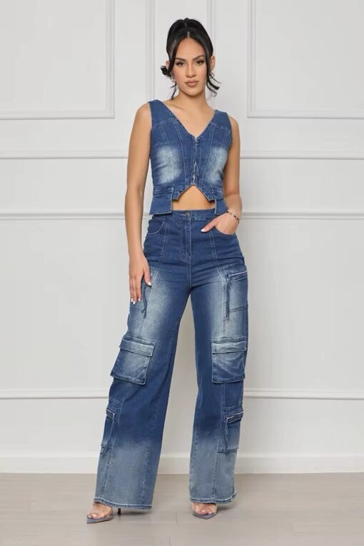 Denim Wide Leg Pants Two Piece Sets Fall Women V Neck Zipper Irregular Stretchy Tank Top And Pants Outfits