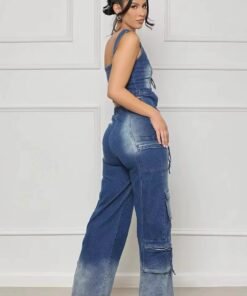 Denim Wide Leg Pants Two Piece Sets Fall Women V Neck Zipper Irregular Stretchy Tank Top And Pants Outfits