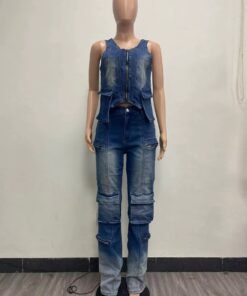 Denim Wide Leg Pants Two Piece Sets Fall Women V Neck Zipper Irregular Stretchy Tank Top And Pants Outfits