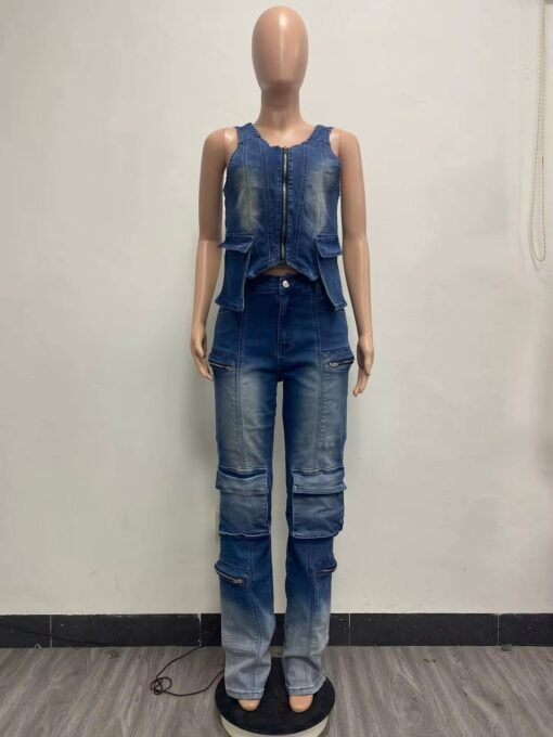 Denim Wide Leg Pants Two Piece Sets Fall Women V Neck Zipper Irregular Stretchy Tank Top And Pants Outfits