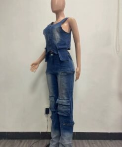 Denim Wide Leg Pants Two Piece Sets Fall Women V Neck Zipper Irregular Stretchy Tank Top And Pants Outfits