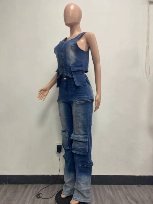 Denim Wide Leg Pants Two Piece Sets Fall Women V Neck Zipper Irregular Stretchy Tank Top And Pants Outfits