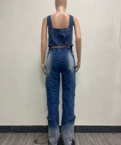 Denim Wide Leg Pants Two Piece Sets Fall Women V Neck Zipper Irregular Stretchy Tank Top And Pants Outfits
