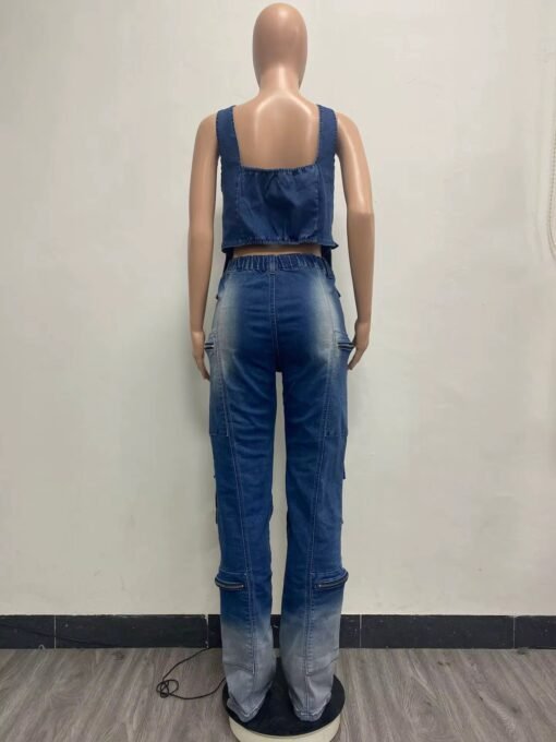 Denim Wide Leg Pants Two Piece Sets Fall Women V Neck Zipper Irregular Stretchy Tank Top And Pants Outfits