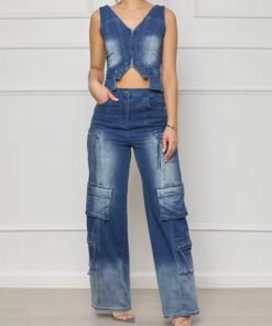 Denim Wide Leg Pants Two Piece Sets Fall Women V Neck Zipper Irregular Stretchy Tank Top And Pants Outfits