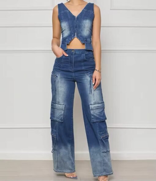 Denim Wide Leg Pants Two Piece Sets Fall Women V Neck Zipper Irregular Stretchy Tank Top And Pants Outfits