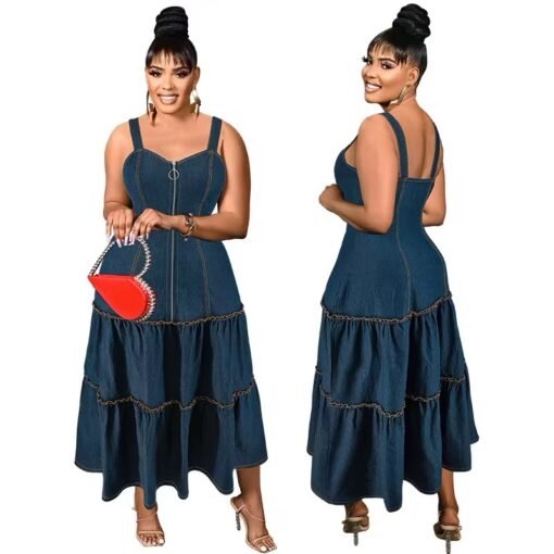 Plus Size Women's Clothing Suspender Sleeveless Zipper Jean Dresses Denim Women