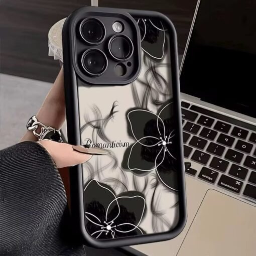 Luxury black flower Phone case For iPhone 16 Pro Max 15 14 13 12 11 XS XR candy color Anti Fall Frosted Shockproof Back Cover