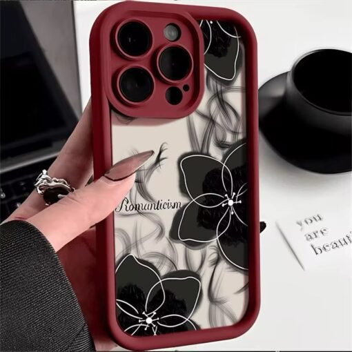 Luxury black flower Phone case For iPhone 16 Pro Max 15 14 13 12 11 XS XR candy color Anti Fall Frosted Shockproof Back Cover