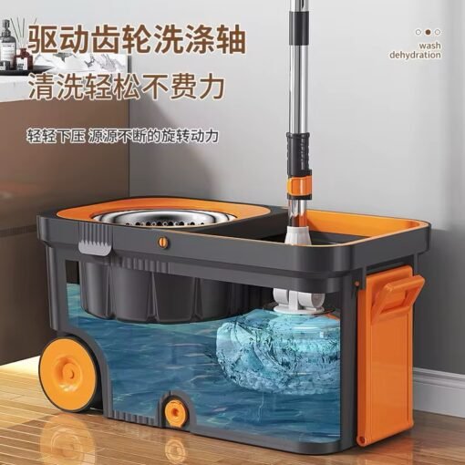 360 Spin Mop Bucket Set with Wringer Set Stainless Steel Spin Mop Bucket System on Wheels for Floor Cleaning Household Cleaning