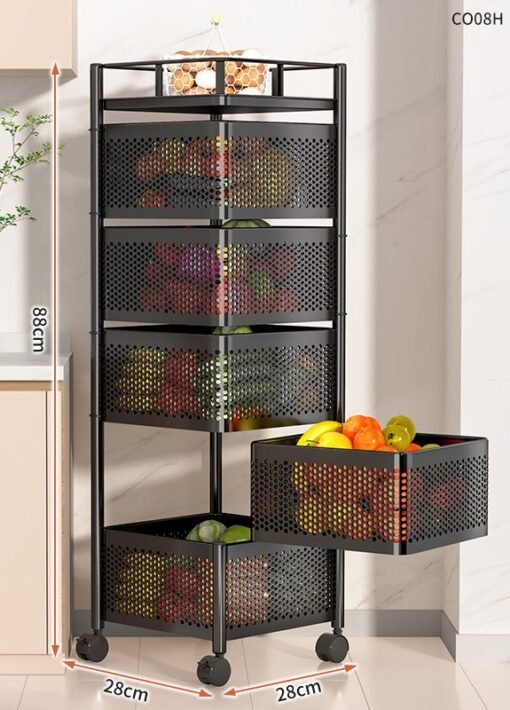 Multi-layer Rotatable Mobile Kitchen Rack Trolley Vegetable and Fruit Storage Square