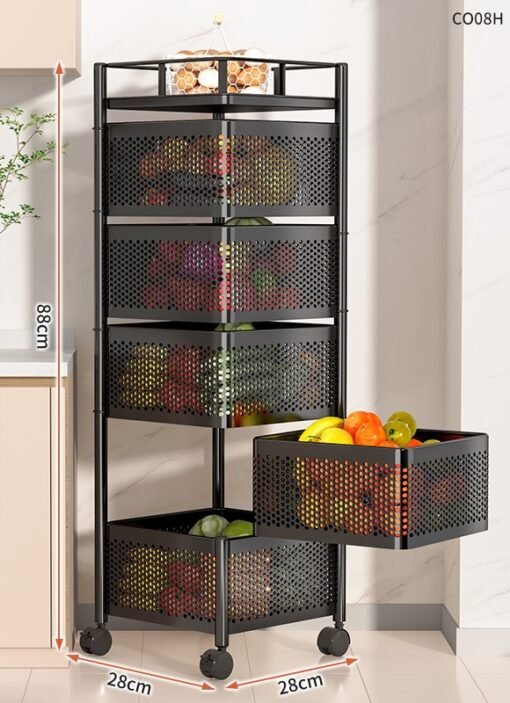 Multi-layer Rotatable Mobile Kitchen Rack Trolley Vegetable and Fruit Storage Square