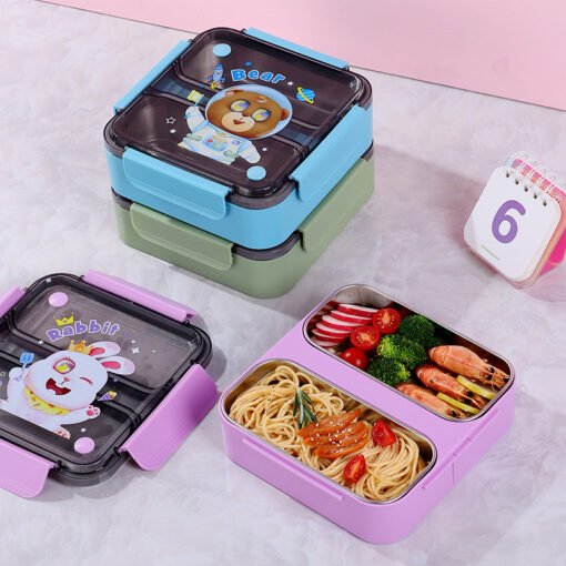 Children's Square 304 Stainless Steel Compartment Lunch Box Student Portable Lunch Box Fruit Lunch Box