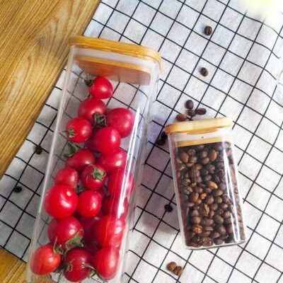 High Borosilicate Square Glass Storage Jar tea kitchen storage Jar Bamboo Square Cover Sealed Jar Large Capacity